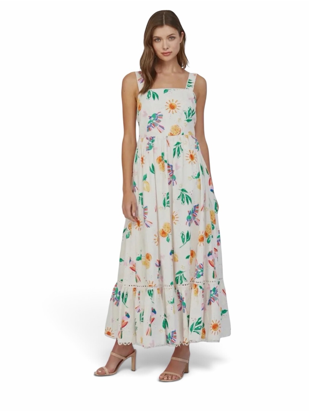 Fate by LFD Lace Trim Detail Back Tie Midi Dress in Cream Tropical Print.